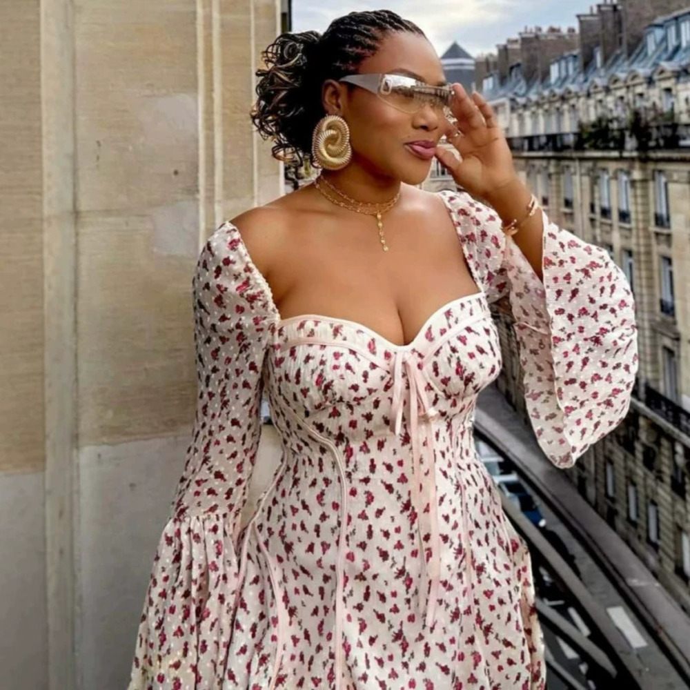 Women Elegant Square Neck Long Sleeve Floral Print Slim Fit Sexy Short Dress